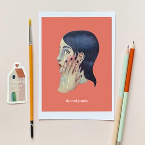 Ne paniquez pas - Carte de voeux artistique réconfortante - Art surréaliste qui pleure - Carte surréaliste drôle et triste - Papeterie pour elle 5 x 7 pouces avec enveloppe