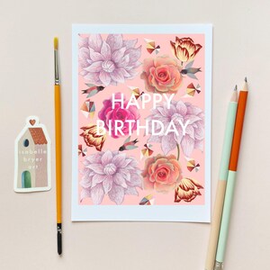 Flower Burst – Verjaardagskaart met opvallende bloemen – 5 x 7 inch roze