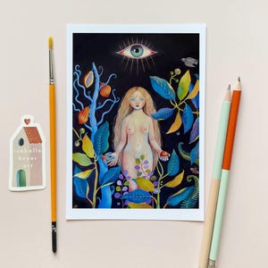 Biglietto d'auguri per la vigilia di mezzanotte - Arte femminile surreale - Giardino mistico, occhio, luna e serpente - Biglietto vuoto 5x7 con busta