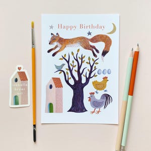 Carte d'anniversaire The Fox Farm – Art folklorique d'animaux des bois – Carte de joyeux anniversaire – Carte vierge de 5 x 7 pouces avec enveloppe