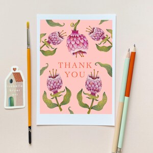 Seltsame Blumen Rosa Dankeskarte – Surreale botanische Kunst – 13x18 Handgemachte Blumen Grußkarte – Natur Inspirierte Blanko Karte mit Umschlag