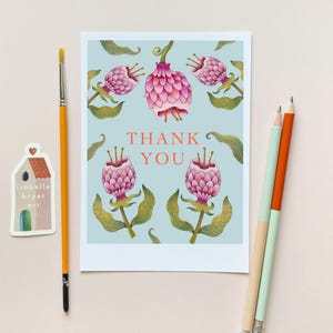 Bedankkaart vreemde bloemen – surrealistische blauwe botanische kunst – 5 x 7 handgemaakte, op de natuur geïnspireerde wenskaart – blanco met envelop