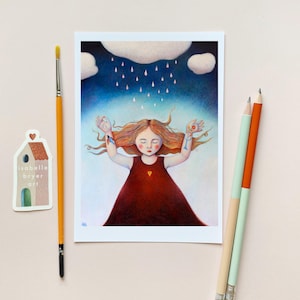 Carte de voeux The Rainmaker - Illustration surréaliste de Fille sous la pluie - Carte vierge de 5 x 7 pouces avec enveloppe - Cadeau de guérison