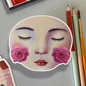 "Artsy Aufkleber für Frauen, Hübsches Mädchen-Gesicht mit Rosen auf den Wangen, Hochwertiger Vinyl-Aufkleber mit matter Oberfläche - Große Größe ""Moon Rose"""