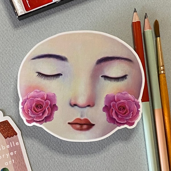 Artsy Sticker for Women, Pretty Girl's Face with Roses on her Cheeks, High Quality Vinyl Sticker in Matte Finish - Large size "Moon Rose"