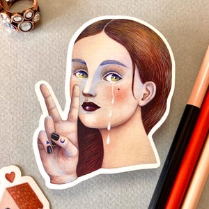 ¡¡NUEVO!! Adhesivo de la paz: Adhesivo de una linda niña llorando haciendo el signo de la paz: "Paz fuera"