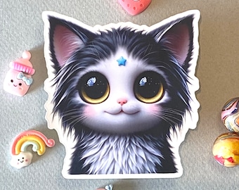 May include: A sticker featuring a cartoon cat with large, expressive eyes. The cat has black and white fur and a blue star on its forehead. The sticker is on a white background.
