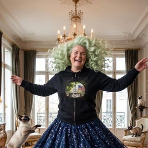 Peut inclure: Un sweat à capuche noir zippé avec un motif représentant un chat assis sur un banc avec un drapeau américain, associé à une jupe bleu foncé à sequins. Le sweat possède une capuche à cordon et des manches longues, et la jupe est évasée.