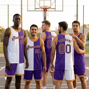Könnte beinhalten: Fünf Basketballspieler in weißen und lila Trikots und Shorts. Die Trikots tragen den Text "Teamname" oder "Yourname" mit der Nummer "00" oder "0" in Gold. Die Trikots sind vertikal in Weiß und Lila geteilt.