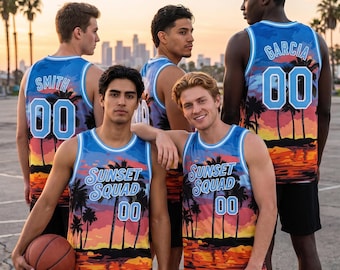 Camiseta de baloncesto tropical personalizada, camiseta personalizada con palmera al atardecer, uniforme del equipo Miami Vice, camiseta sin mangas de playa para hombre, mujer y niños.