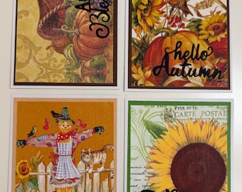 Set di 4 biglietti d'auguri autunnali decorati con la tecnica del decoupage.