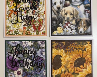 Juego de 4 tarjetas de felicitación: "Enviando amor y abrazos", "Enviando abrazos" y 2 tarjetas de cumpleaños.