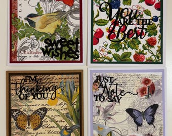 Set of 4 Vintage Botanical Greeting Cards: Sweet Wishes, Thinking of You, Just a Note