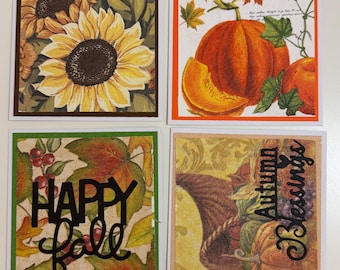 Set di 4 biglietti d'auguri autunnali con tecnica decoupage.