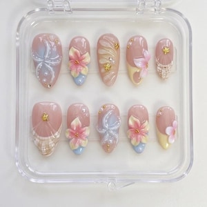 Starfish Bloom Press On Nails, 3D Flower Almond Nails, Yellow Summer Nails, Handmade Shell Nail Art, Birthday Floral Nails, Nails for Her