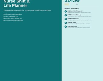 Planer Pielęgniarski PDF do Wydruku | Kalendarz Zmiany CPD Tracker Samoopieki Pielęgniarskiej Planer Życia Pielęgniarskiego 2026