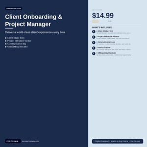 May include: A digital product titled "Client Onboarding & Project Manager" with a dark blue and light blue design. The product includes a client intake form, project milestone tracker, communication log, invoice tracker, and offboarding checklist. The text "PDF Printable" and "Instant Download" are also visible.
