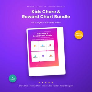 Peut inclure: Un ensemble numérique de tableaux de corvées et de récompenses pour enfants comprenant six pages imprimables sur un fond dégradé violet. Le texte indique Kids Chore & Reward Chart Bundle, 6 Fun Pages to Build Great Habits et un cercle jaune.
