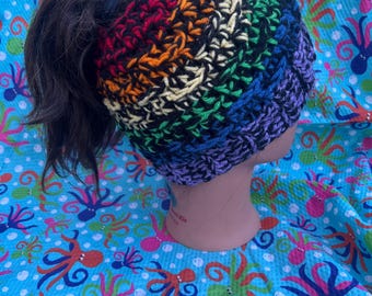 Rainbow and Black Messy Bun Beanie