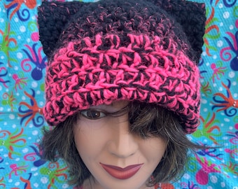 Pinke und schwarze Katzenohren Mütze