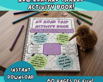 Libro di attività per le vacanze in Nuova Zelanda • Attività di viaggio in Nuova Zelanda • Giochi, puzzle, disegni, pagine da colorare (download digitale)