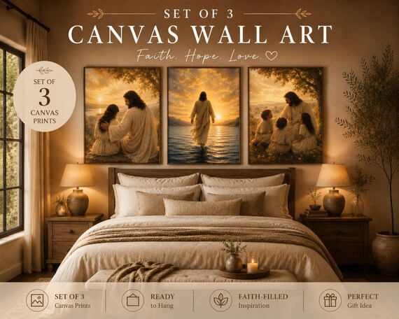 Set of 3 Christian Canvas Wall Art – Jesus Scenes, Faith Home Decor