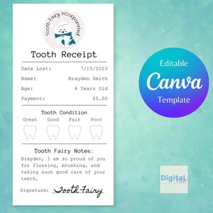 Zahnfee Quittungsvorlage in Canva | Sofortiger digitaler Download | Erste verlorenen Zahn Printable