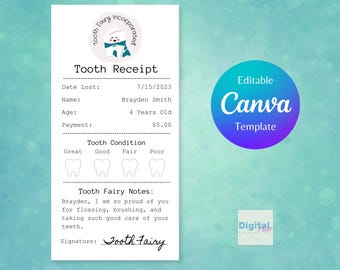 Tooth Fairy Receipt Template Editable in Canva | Instant Digital Download | First Lost Tooth Printable