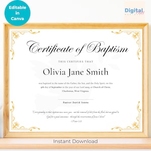 Certificado de Bautismo - Plantilla Canva editable