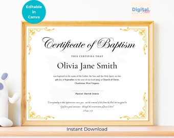 Puede incluir: Un certificado de bautismo imprimible con un borde dorado adornado. El certificado dice "Certificado de bautismo" y "Esto certifica que Olivia Jane Smith fue bautizada en el nombre del Padre, del Hijo y del Espíritu Santo, en este 9 de septiembre del año de nuestro Señor 2023, en la Iglesia de Cristo, Charleston, Virginia Occidental. Pastor David Jones".