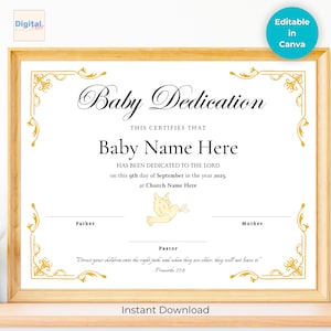 Certificado de dedicación de bebé - Plantilla editable en Canva