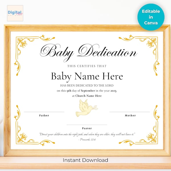 Baby Dedication Certificate - Editable Canva Template