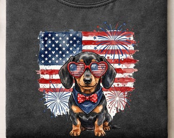 Patriotic Dachshund Shirt, Comfort Colors Garment-Dyed Wiener Dog Tee, USA Flag Puppy Graphic