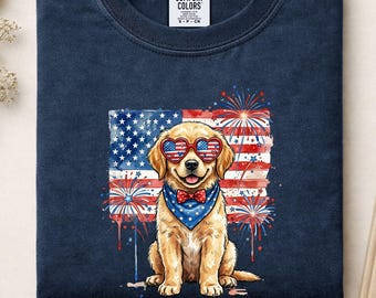 Golden Retriever Shirt, Patriotic Dog Shirt, Fourth of July Tee, USA Flag Dog Shirt, Comfort Colors Shirt, Dog Mom Gift