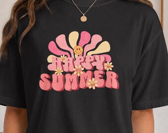 Happy Summer Shirt, Retro Summer Graphic Tee, Groovy Sunshine Shirt, Comfort Colors Floral T-Shirt, Vacation Summer Tee