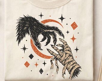 Funny Halloween Shirt, Spooky Season Werewolf and Mummy Hands Tee, Halloween Vibes Graphic Tee, Retro Halloween Moon and Stars T-Shirt