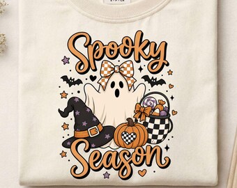 Spooky Season Shirt, Bow Ghost, Girly Halloween Graphic Tee, Witch Hat and Pumpkin T-Shirt, Trick or Treat Shirt