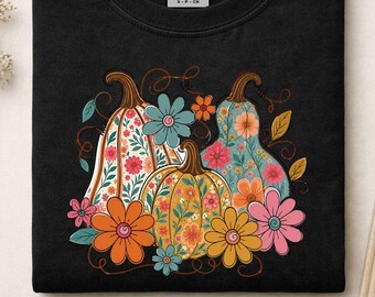 Floral Pumpkin Shirt, Retro Groovy Fall T-Shirt, Autumn Flower Pumpkin Tee, Fall Season Gift