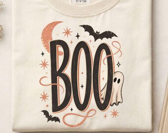 Comfort Colors Trendy Halloween Boo T-Shirt, Retro Ghost Tee, Striped Ghost Bats Pumpkin Shirt, Halloween Lover Gift