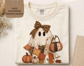 Patchwork Ghost Shirt Comfort Colors®, Cute Halloween Ghost Tee, Leopard Bow Ghost Shirt, Faux Embroidery Halloween Shirt, Fall Graphic Tee