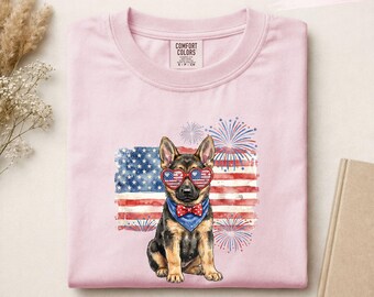 Camiseta patriótica de pastor alemán, divertida camiseta para perros del 4 de julio, linda camiseta gráfica de cachorro americano, regalo para amantes de los perros de EE. UU.