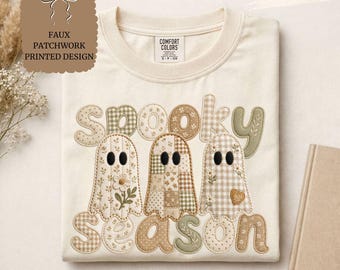 Spooky Season Shirt, Cottagecore Ghost Tee, Sage Green Halloween Shirt, Faux Embroidery Ghost T-Shirt, Boho Fall Halloween Tee