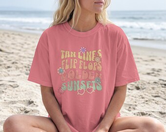 Camiseta con estampado de chanclas y atardeceres dorados, camiseta retro de vacaciones de verano, camiseta con estampado playero de Comfort Colors