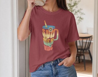 Summer Vibe Shirt, Retro Beach Vacation Tee, Comfort Colors Graphic T-Shirt, Groovy Summer Coffee Lover Top