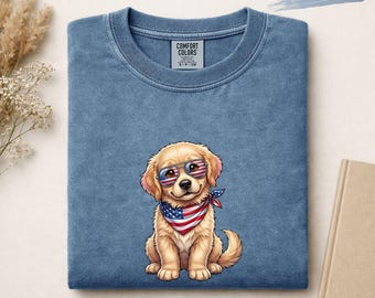 Patriotic Golden Retriever Puppy Shirt, Funny 4th of July Dog Tee, Cute American Dog Graphic T-Shirt Gift