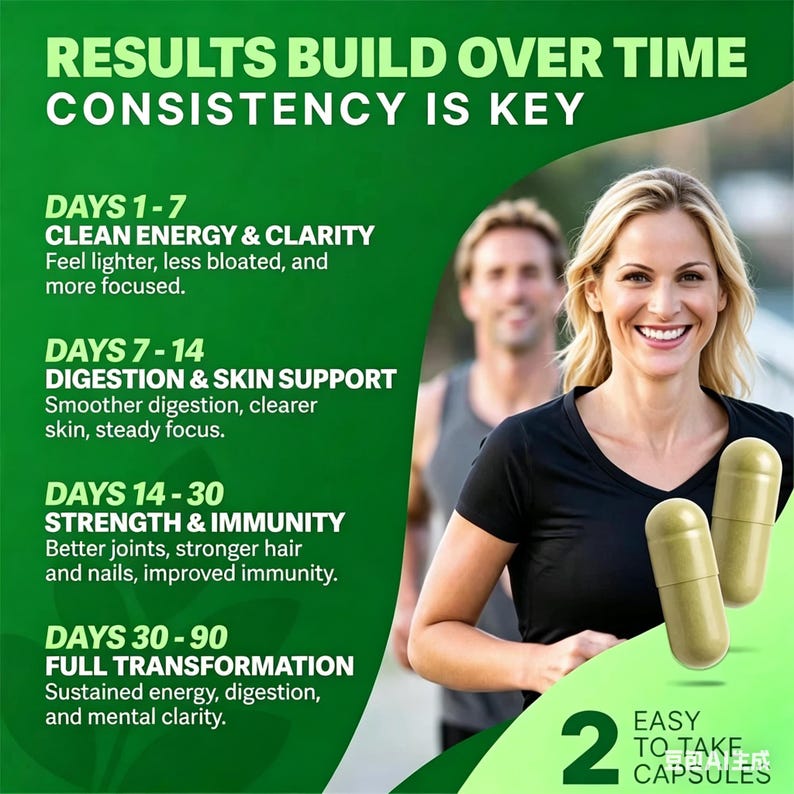 May include: Image features a woman smiling, holding two green capsules. Text highlights the benefits of the product over time, including clean energy, digestion support, strength, and full transformation. The text also states that the product is easy to take.