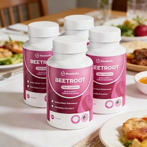 May include: Four white bottles of Rosabella Beetroot dietary supplement. Each bottle has a white cap and a pink label with the text "BEETROOT" and "Dietary Supplement". The labels also state "30 Day Supply" and "1300MG Per Serving".
