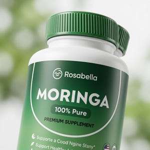 May include: A white supplement bottle with a green label and cap. The label reads "MORINGA 100% Pure PREMIUM SUPPLEMENT" with the brand name "Rosabella". The bottle is in focus against a blurred background.
