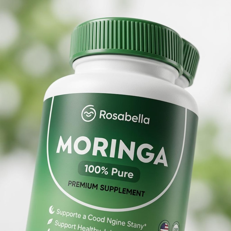 May include: A white supplement bottle with a green label and cap. The label reads "MORINGA 100% Pure PREMIUM SUPPLEMENT" with the brand name "Rosabella". The bottle is in focus against a blurred background.