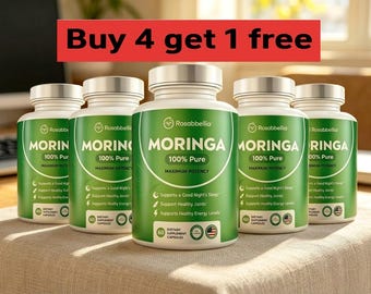 Buy 4 get 1 free Rosabella Moringa Capsules for Immunity, Energy, Joint Health, Sleep and Detox - All Natural Supplement for overall health